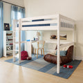 White loft bunk bed with built-in desk and ladder in kids' bedroom, blue bedding and curtains, sports-themed decor (football, soccer ball, trophy) and shelving storage