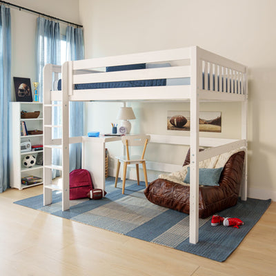 White loft bunk bed with built-in desk and ladder in kids' bedroom, blue bedding and curtains, sports-themed decor (football, soccer ball, trophy) and shelving storage
