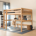 Wooden loft bed with built-in desk and ladder in children's bedroom, study nook with blue curtains, woven basket, lamp and backpack