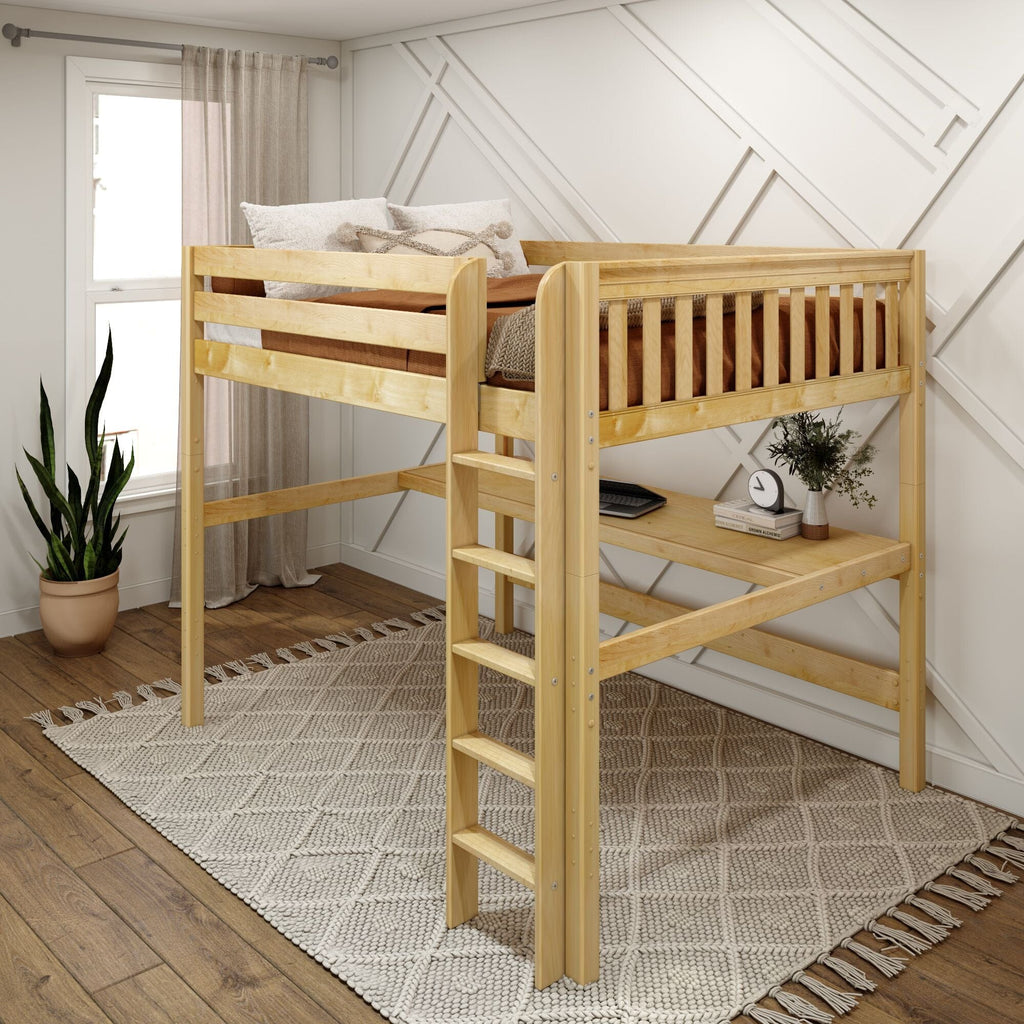 HEFTY3 XL CS : Storage & Study Loft Beds Queen High Loft Bed with Straight Ladder + Desk, Slat, Chestnut