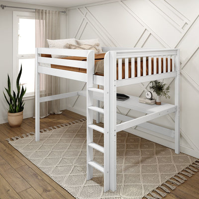 HEFTY1 XL WS : Storage & Study Loft Beds Queen High Loft Bed with Straight Ladder + Desk, Slat, White