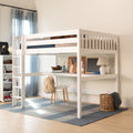 White loft bed with built-in desk and ladder in a modern kids' bedroom, checkered bedding, blue curtains, backpack and woven storage basket