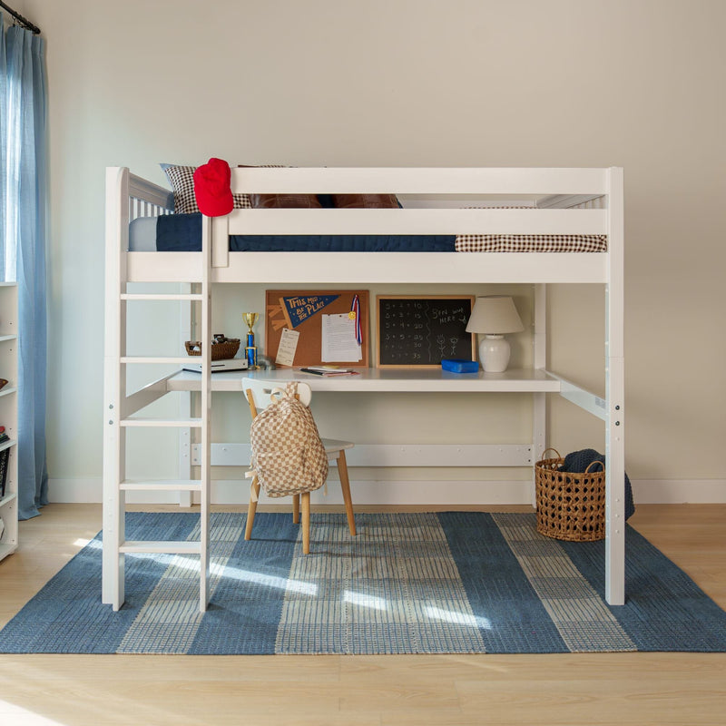 White loft bed with built-in study desk and ladder in kids' bedroom, blue checkered rug, wicker basket, checked backpack and red cap
