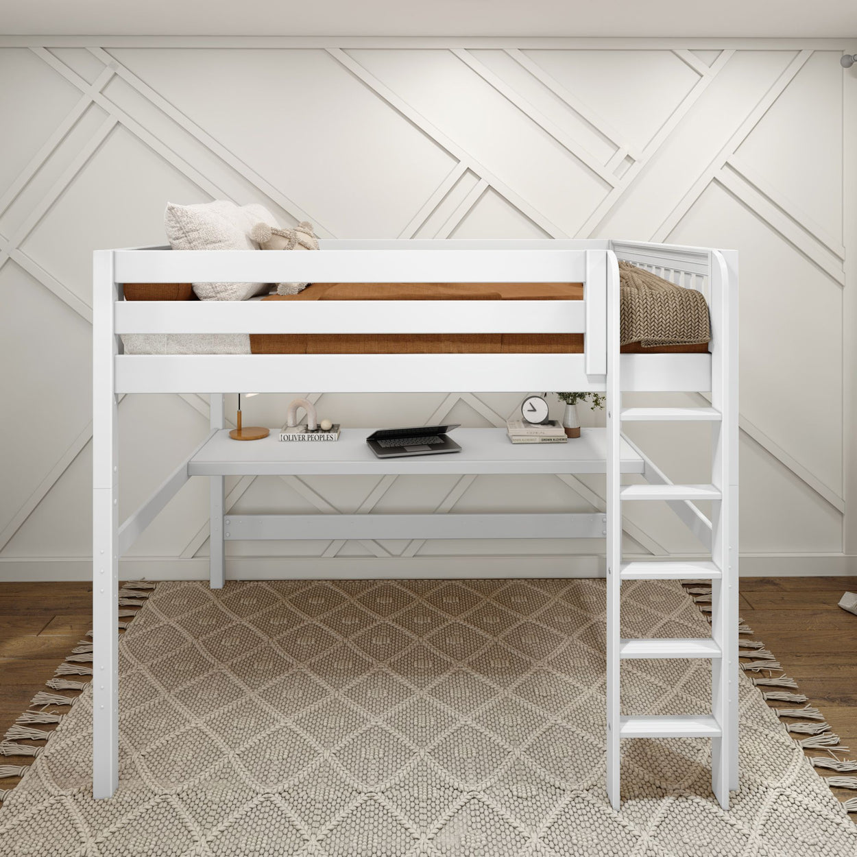 White wooden loft bed with ladder and desk underneath in a modern bedroom with geometric wall design.