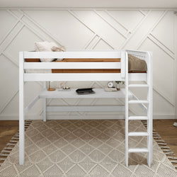 White wooden loft bed with ladder and desk underneath in a modern bedroom with geometric wall design.