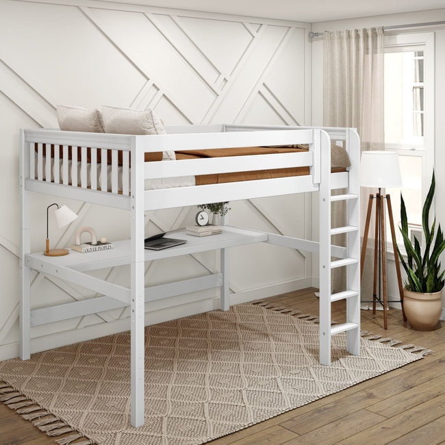 HEFTY1 XL WS : Storage & Study Loft Beds Queen High Loft Bed with Straight Ladder + Desk, Slat, White