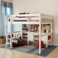 Kids white wooden loft bed with built-in desk and storage shelves in a cozy children's bedroom with blue curtains, striped rug and reading nook