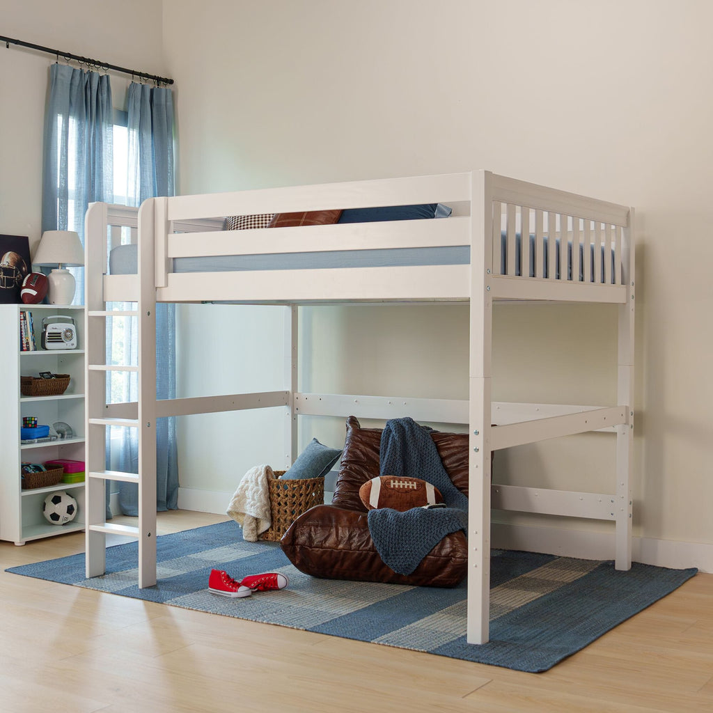 White loft bunk bed in a modern kids' bedroom with blue curtains, striped rug, open shelving and sports-themed decor (football, soccer)