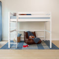 White wooden loft bunk bed with ladder, blue bedding and pillows, leather floor chair, football toy, wicker basket and red sneakers in a modern kids' bedroom