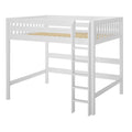 White wooden loft bed frame with ladder and safety guardrails, slatted mattress platform for space‑saving kids' bedroom