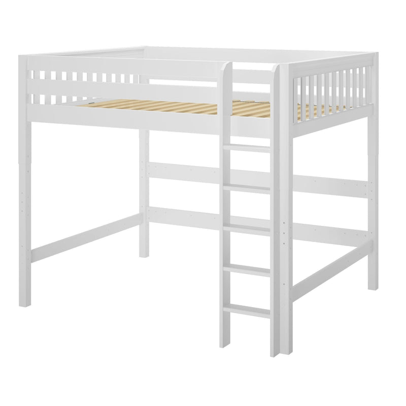 White wooden loft bed frame with ladder and safety guardrails, slatted mattress platform for space‑saving kids' bedroom