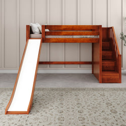 Wooden loft bed with slide and stairs, ideal for children's bedroom furniture.