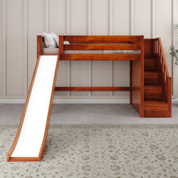 Children's wooden loft bed with slide and storage stairs in a modern bedroom.