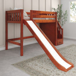 Wooden loft bed with ladder and slide in modern child's bedroom.