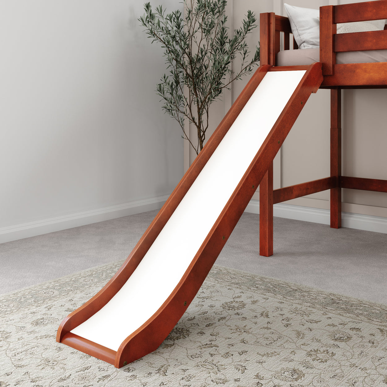 Wooden loft bed with built-in slide in a modern children's bedroom.