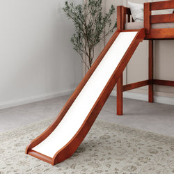 Wooden loft bed with built-in slide in a modern children's bedroom.