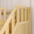 Close-up of light maple wooden staircase railing and balusters with natural finish and vertical slats in modern interior
