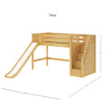 Twin loft bed with slide and built-in storage stairs, solid wood natural maple finish, guardrails and under-bed play and storage space for kids