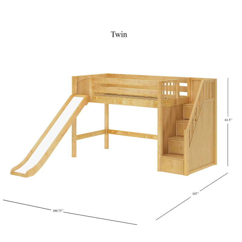 Twin loft bed with slide and built-in storage stairs, solid wood natural maple finish, guardrails and under-bed play and storage space for kids