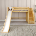 Natural wood kids loft bed with slide and built‑in storage stairs in a neutral beige nursery — space-saving wooden bunk bed with pillows and plant
