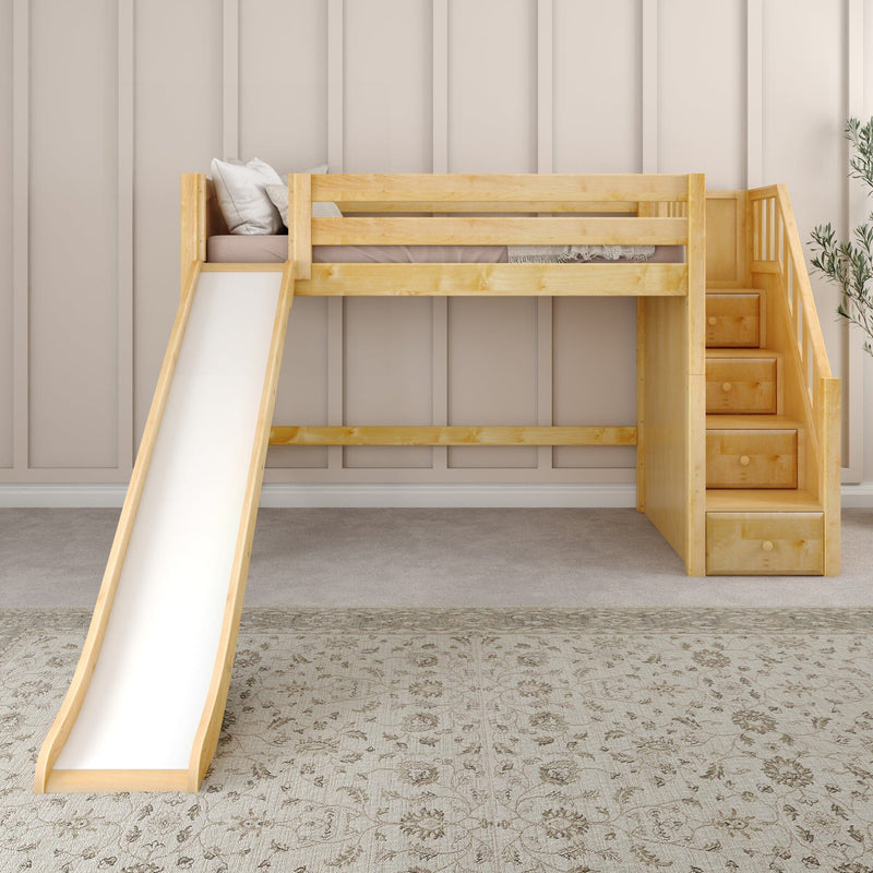 Natural wood kids loft bed with slide and built‑in storage stairs in a neutral beige nursery — space-saving wooden bunk bed with pillows and plant