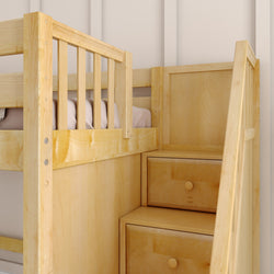 Wooden bunk bed with integrated storage drawers and staircase design.