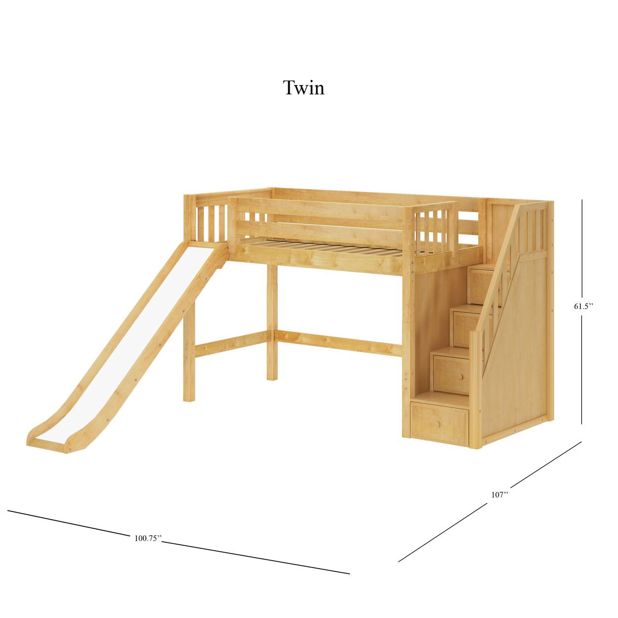 Twin size loft bed with slide, wooden frame with built-in stairs and safety rails for kids' bedroom.