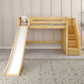 Kids loft bed with slide and built-in storage stairs, natural wood bunk bed in neutral beige kids’ bedroom with pillows and patterned rug