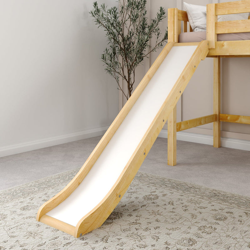 Natural wood kids loft bed with slide in modern neutral bedroom — space-saving children's bed with beige bedding, indoor plant and textured rug