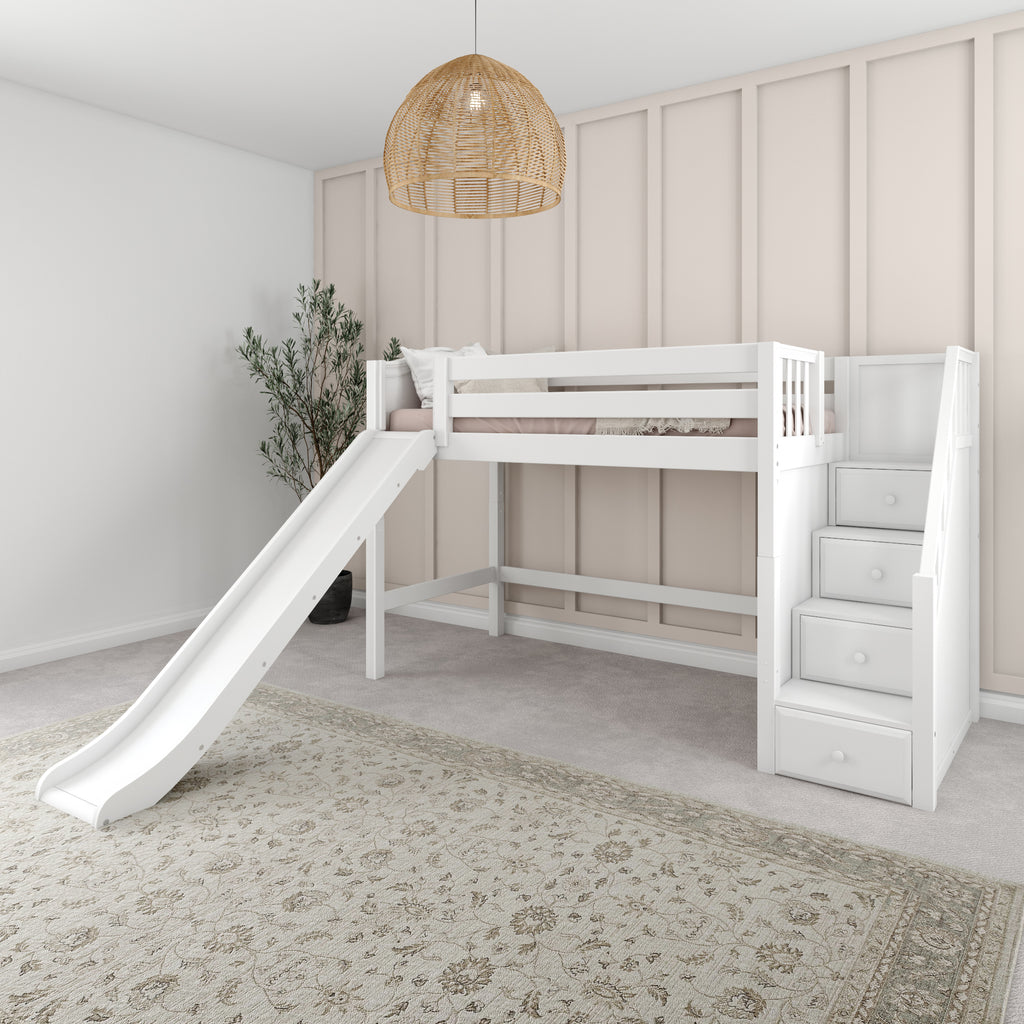 White loft bed with slide and storage stairs in a modern children's bedroom.