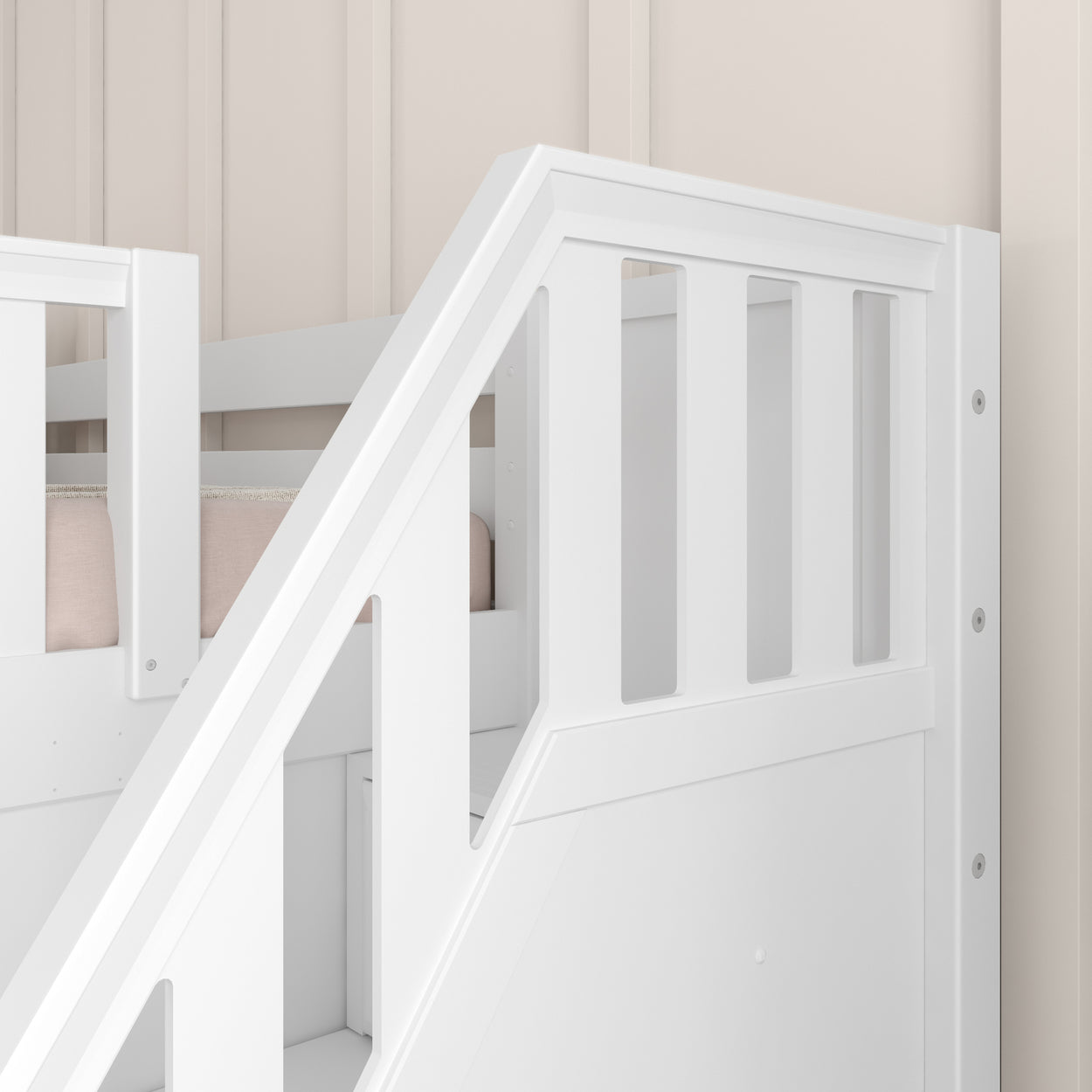 White wooden staircase railing of a modern bunk bed against beige wall.