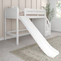 White loft bed with slide and staircase in a neutral kids' bedroom with twin mattress and built-in storage drawer