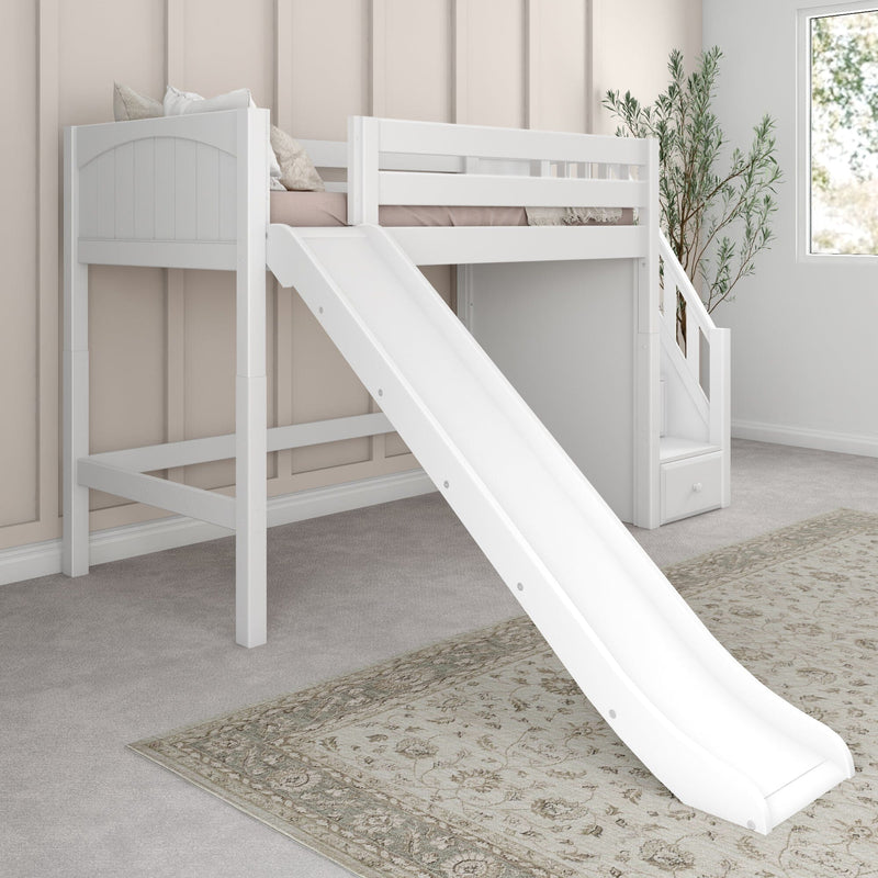 White loft bed with slide and staircase in a neutral kids' bedroom with twin mattress and built-in storage drawer
