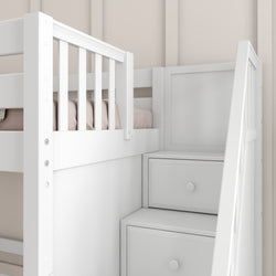 White wooden loft bed with built-in drawers and light pink bedding in a modern bedroom design.