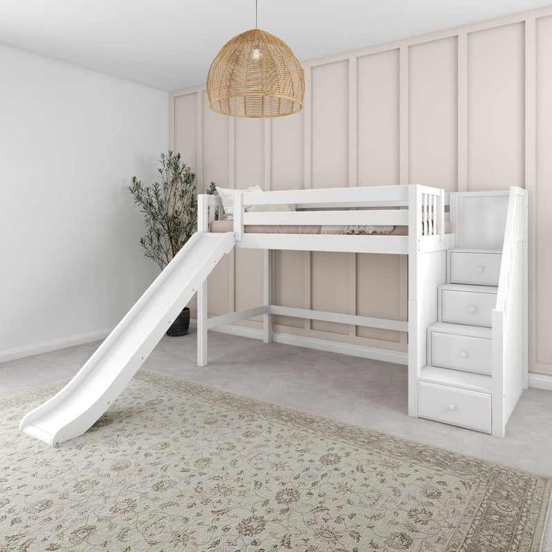 White kids loft bed with slide and built-in storage stairs in neutral nursery with beige board-and-batten wall, rattan pendant light and area rug