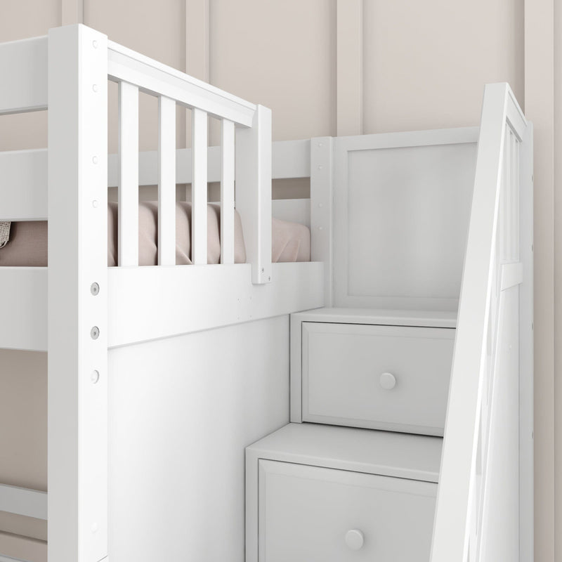 White wooden loft bunk bed with safety rails and built-in storage stairs in a neutral kids' bedroom