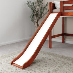 Loft bed with built-in slide and cozy bedding in a modern children's room.