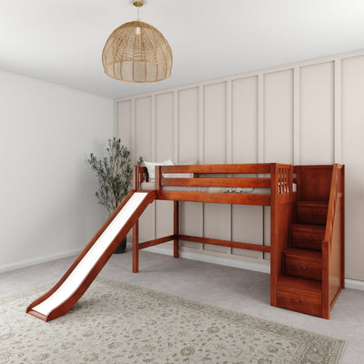 HERO XL CS : Play Loft Beds Twin XL Mid Loft Bed with Stairs + Slide, Slat, Chestnut
