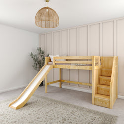 Children's loft bed with slide and stairs in modern bedroom setting, featuring wooden paneling and a woven pendant light.
