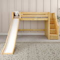 Light wood kids loft bed with slide and built-in staircase drawers in a neutral modern children's bedroom with beige paneled wall, pillows and patterned rug