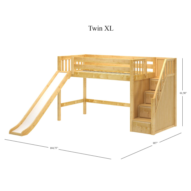 Twin XL loft bed with slide and built-in storage stairs in natural wood — space-saving kids platform bed with drawers and safety rails
