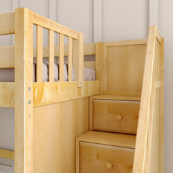 Wooden bunk bed with storage stairs and natural finish in a modern bedroom.
