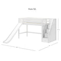 White Twin XL loft bed with slide and built-in storage stairs, wooden kids bunk bed, space-saving design, dimensions 107 in x 104.75 in x 61.5 in