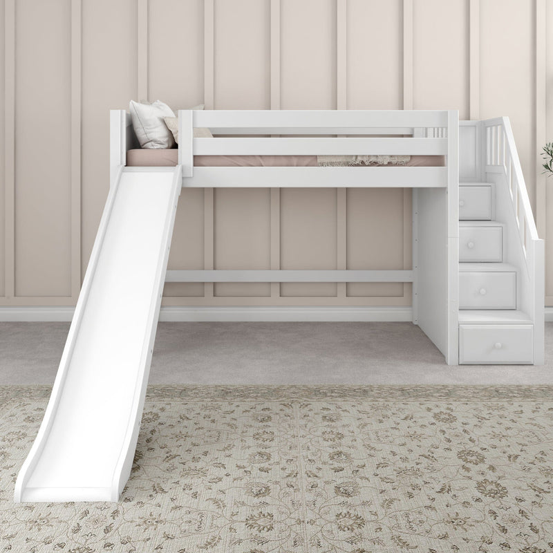 White wooden loft bed with slide and built-in storage stairs against beige paneled wall in neutral kids bedroom