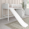 White kids loft bed with slide and built-in storage stairs in a neutral modern farmhouse bedroom