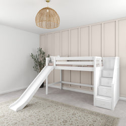 White wooden loft bed with slide and stairs in modern children's room.