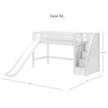 White Twin XL kids loft bed with slide and built-in storage stairs, solid wood loft bed frame with slatted guardrails, dimensions 107 in × 104.75 in × 61.5 in