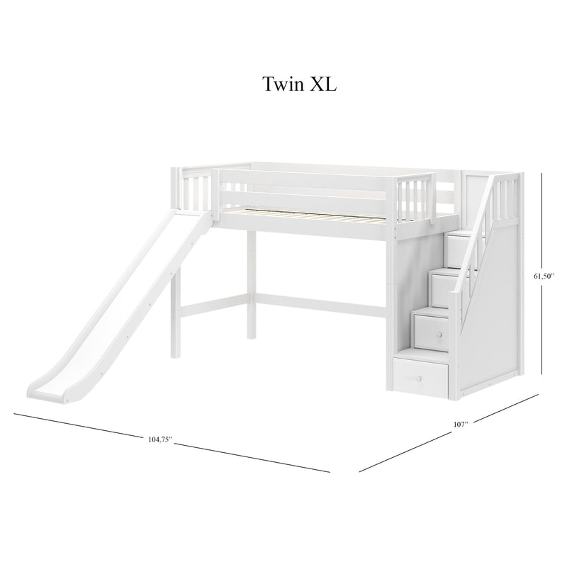 White Twin XL kids loft bed with slide and built-in storage stairs, solid wood loft bed frame with slatted guardrails, dimensions 107 in × 104.75 in × 61.5 in
