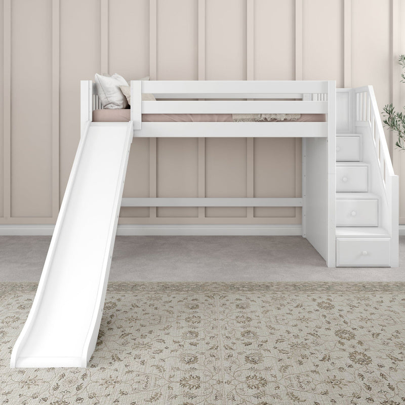 White kids loft bed with slide and built-in stair storage against beige paneled wall, neutral nursery decor