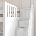 Modern white wooden loft bunk bed with built-in storage staircase, safety rail and neutral beige bedding for kids' bedroom